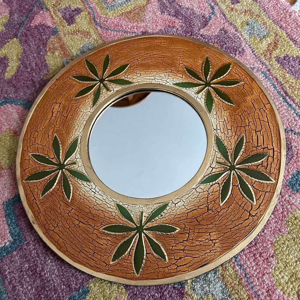 Vintage 15.75" Orange and Green Crackled Wood Decorative Mirror - Picture 8 of 14